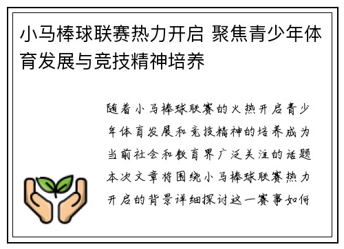 小马棒球联赛热力开启 聚焦青少年体育发展与竞技精神培养