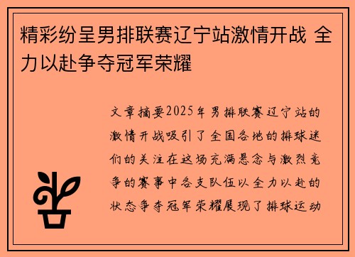 精彩纷呈男排联赛辽宁站激情开战 全力以赴争夺冠军荣耀
