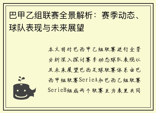 巴甲乙组联赛全景解析：赛季动态、球队表现与未来展望