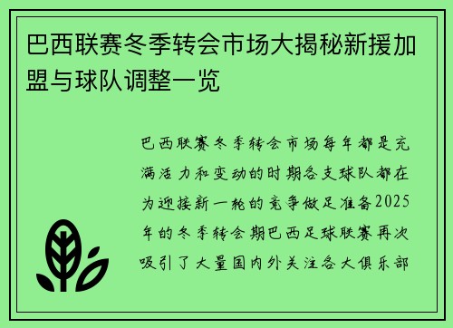 巴西联赛冬季转会市场大揭秘新援加盟与球队调整一览