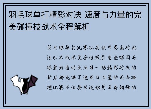 羽毛球单打精彩对决 速度与力量的完美碰撞技战术全程解析