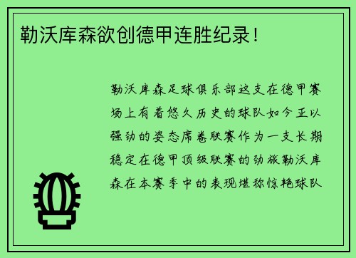 勒沃库森欲创德甲连胜纪录！